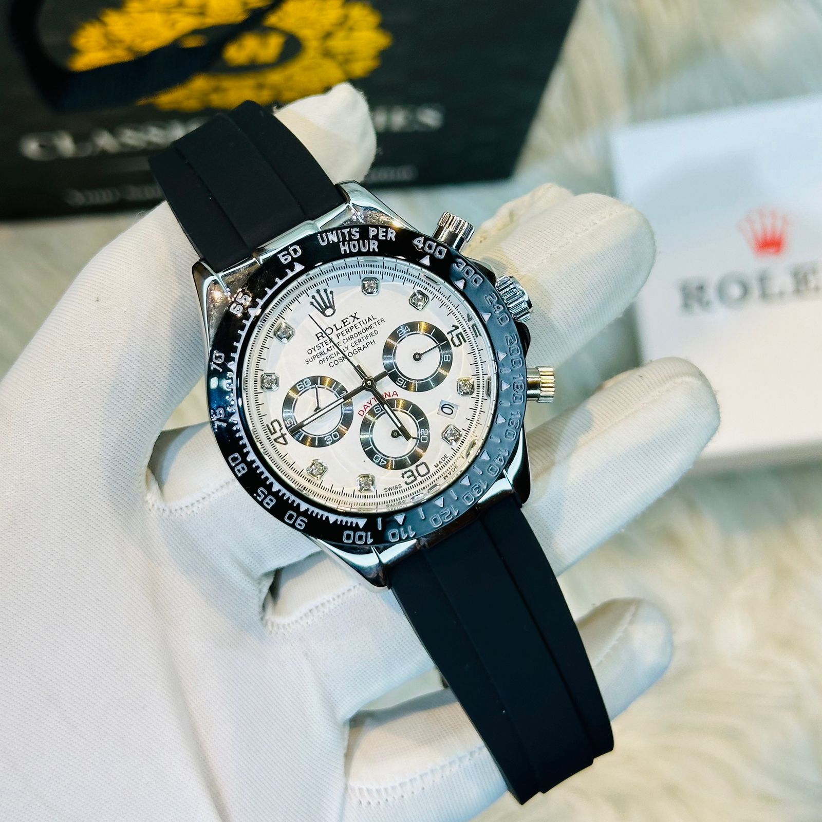 Premium Quality RLX Daytona Belt Silver Black Watches