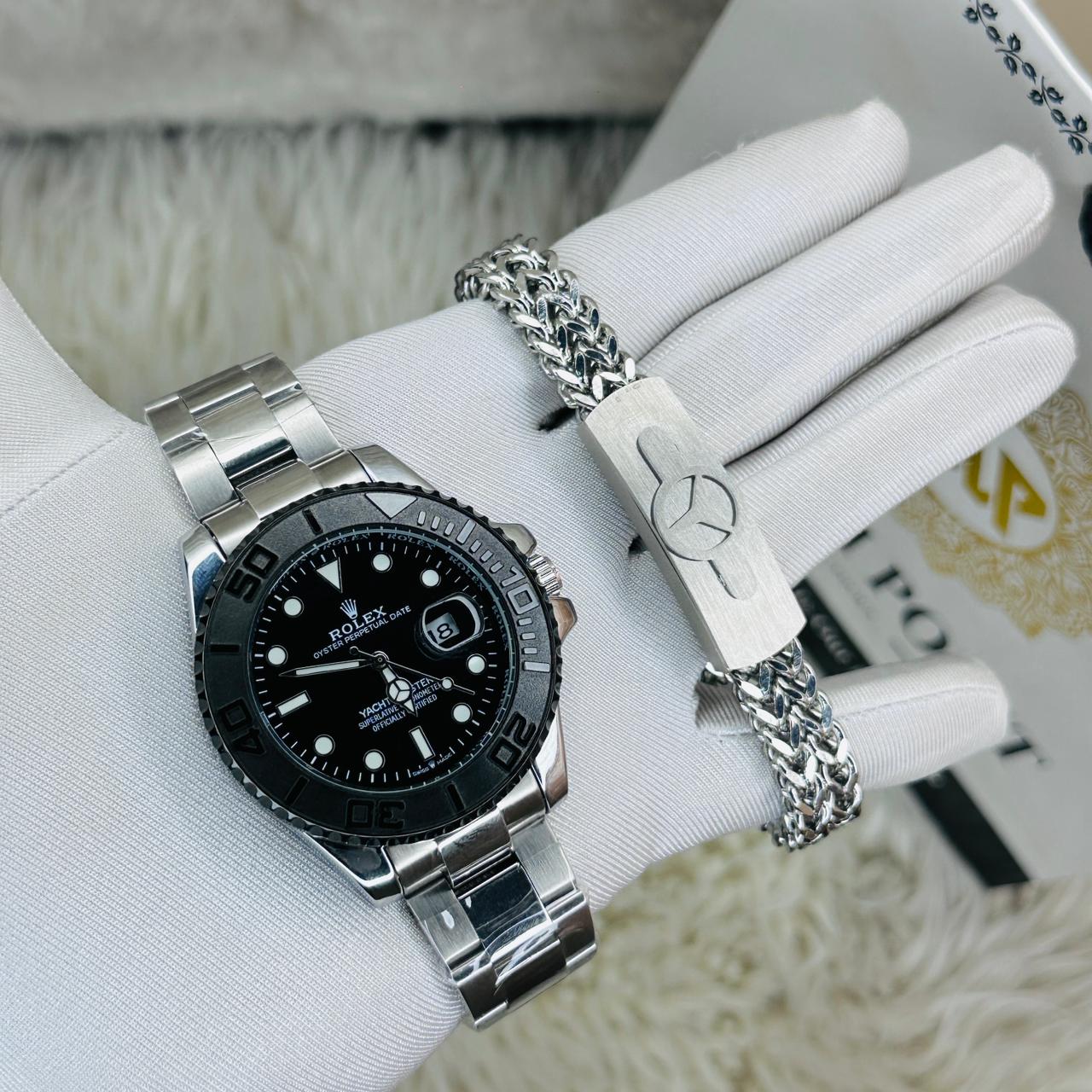 Premiume Quality Yach Sub Silver Black RLX Watches & Bracelet Combo